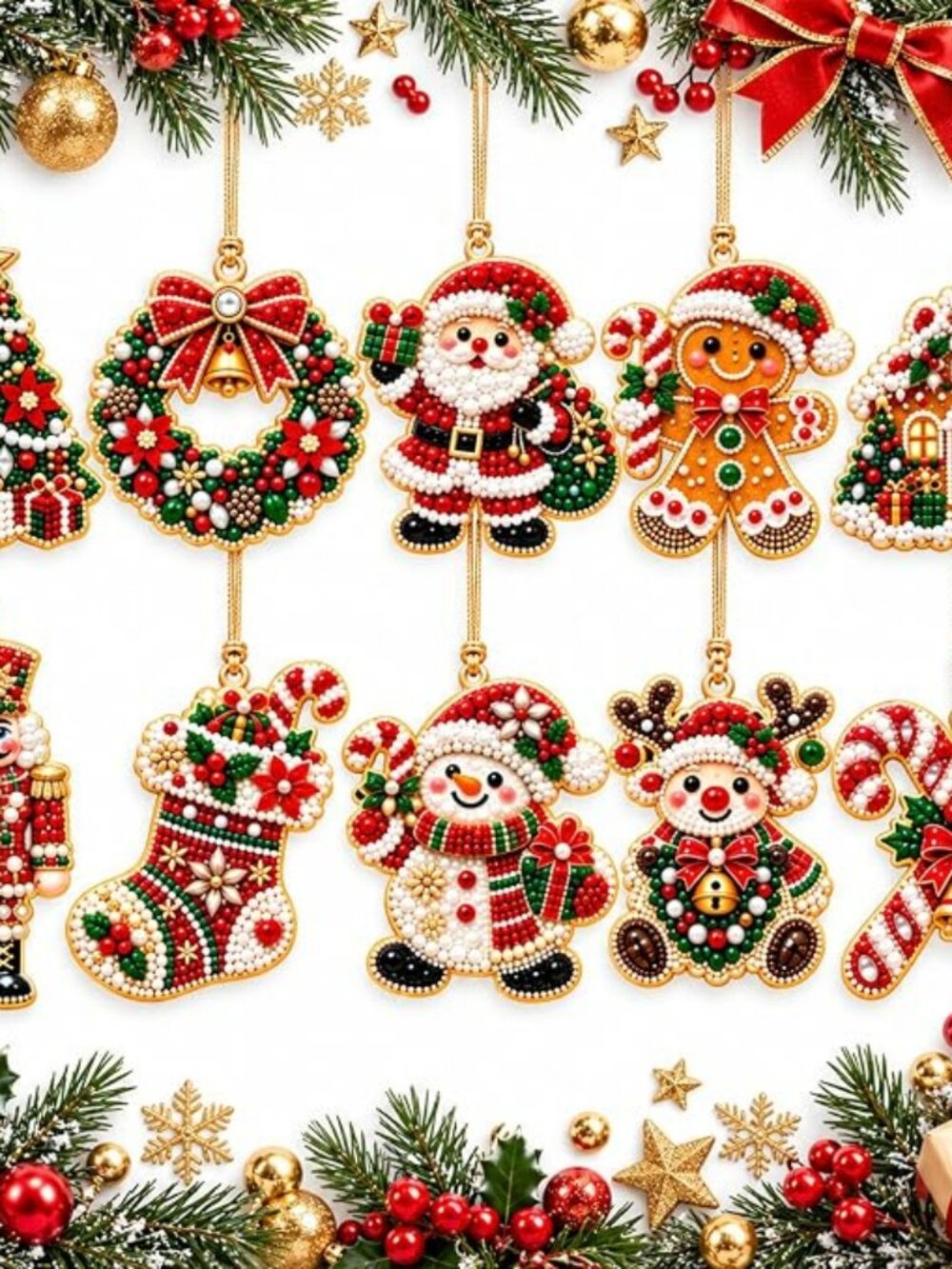 10Pcs DIY Pearl Diamond Art Christmas Ornaments Kit for Adults, Wooden Hanging